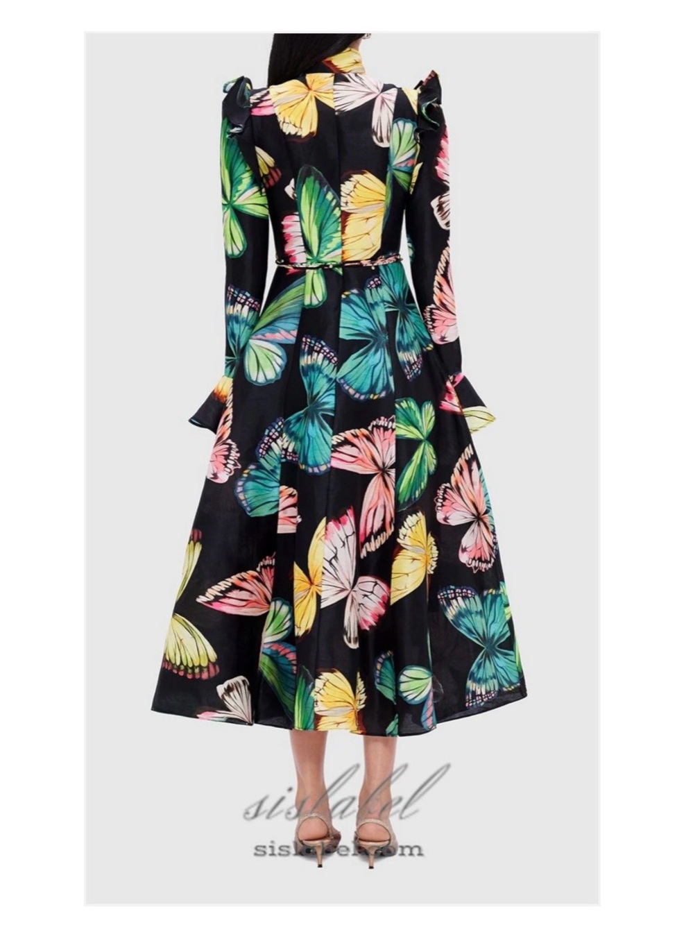 Floral Butterfly-Print Black Midi Dress with Long Sleeves